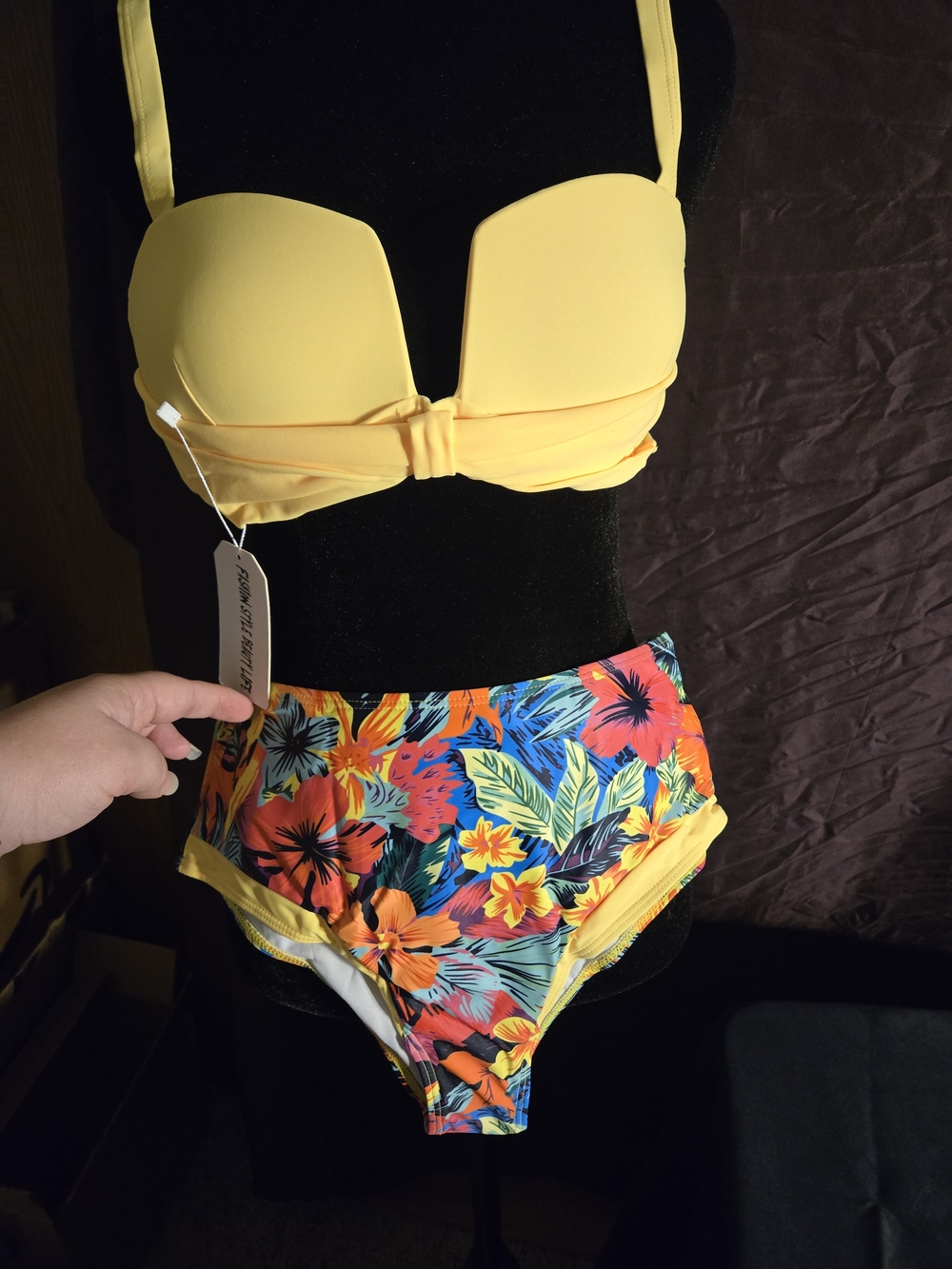 Yellow Top with Tropical High-Waist Bikini Bottoms